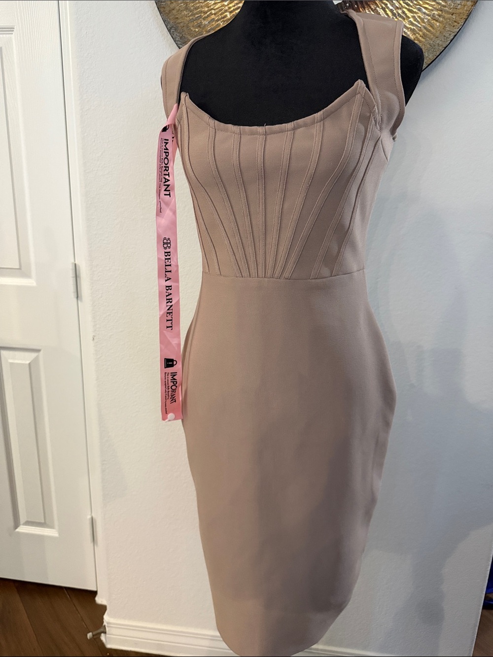 Bella Barnett Taupe Midi Dress with Structured Bust